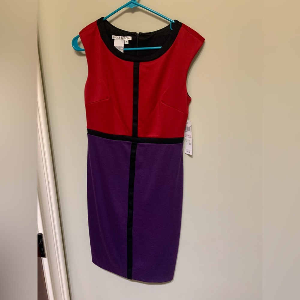 Maggy London blocked dress in red, purple and black.